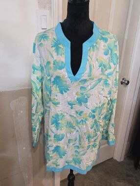 Carole Little Floral Tunic Top Embroidered Aqua Lime Blue V Neck Light Summer 1X